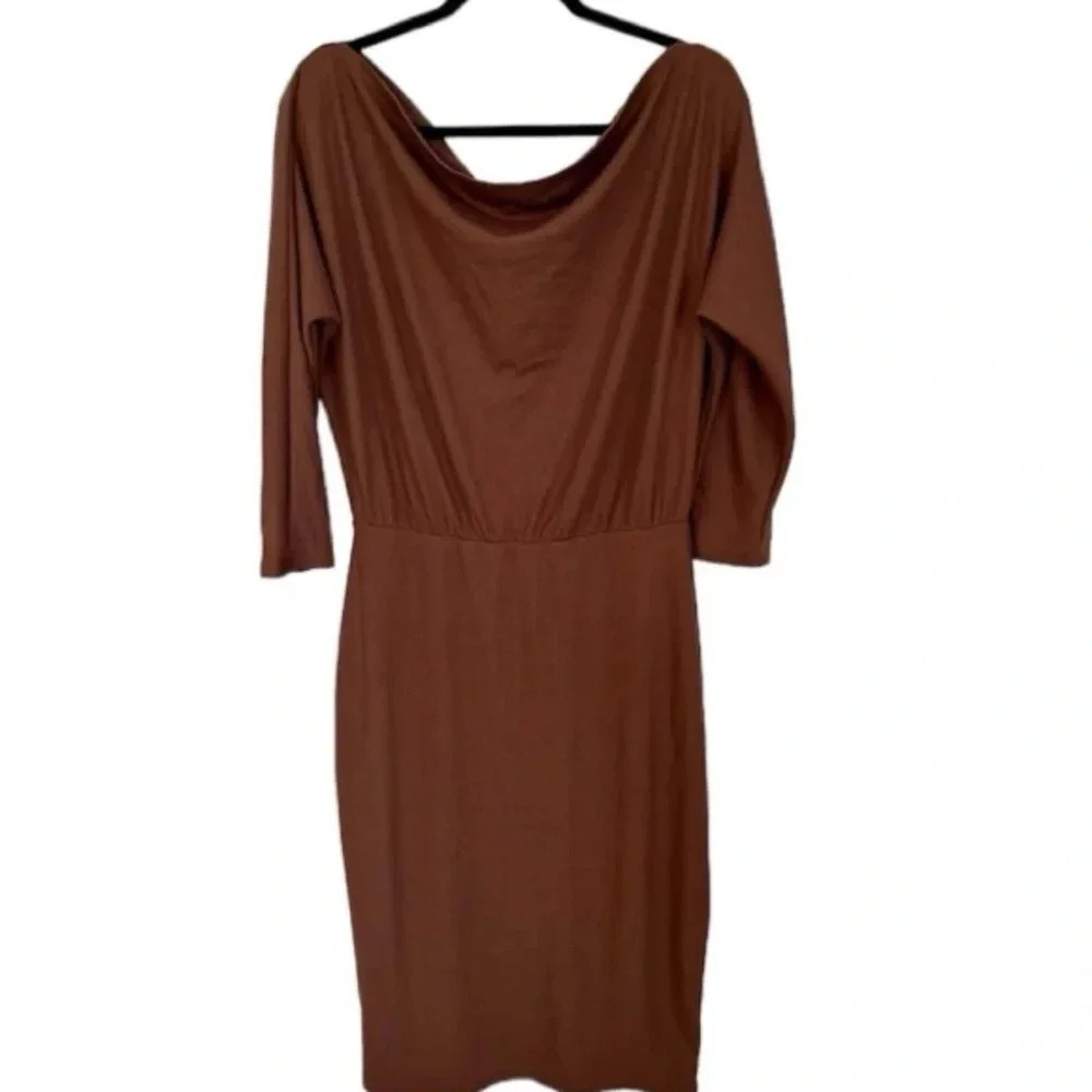 Women's 3/4 Sleeve Brown Ribbed Draped Neck Dress with Cinched Waist GUC